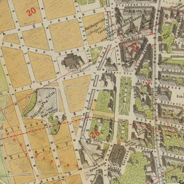 Ein detaillierter alter Stadtplan von Berlin, Deutschland, der Straßen, Parks, Gebäude, Bäume und Sehenswürdigkeiten zeigt.