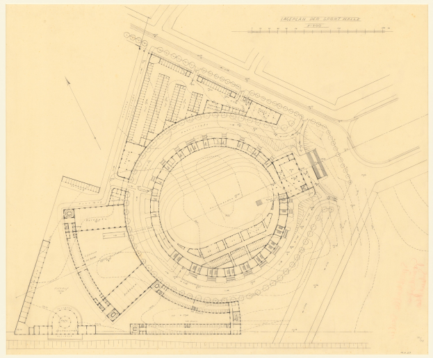 Schwarze-weiße architektonische Planung eines Stadions mit umliegenden Gebäuden, beschriftet als der Standortplan für die neue Sporthalle in London, mit handschriftlichen Textanmerkungen.