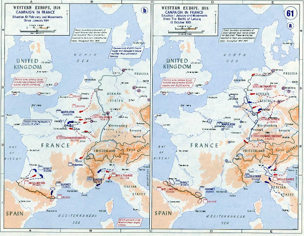 Ein historisches Poster mit einer Karte von Europa während der Schlacht von Leipzig, unterteilt in Abschnitte für Europa und Frankreich, mit nummerierten Regionen und beschrifteten geografischen Merkmalen.