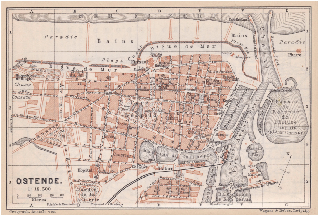 Old detailed map of Ostende, Germany, displaying streets, buildings, and landmarks with accompanying text about the city.