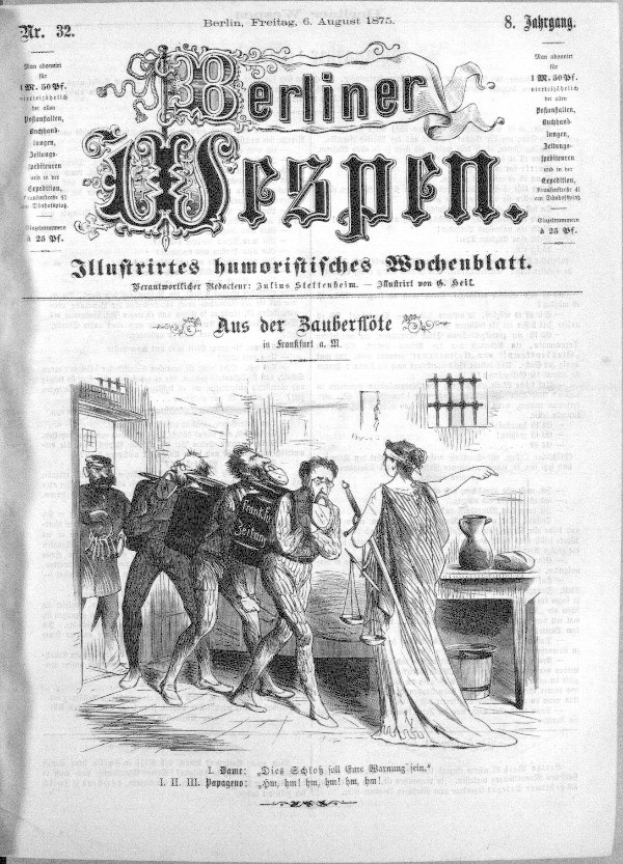 Altes schwarz-weißes Zeitungsblatt vom 6. August 1875, betitelt 'Berliner Wespen', mit einer besorgten Gruppe von Menschen auf dem Bild.