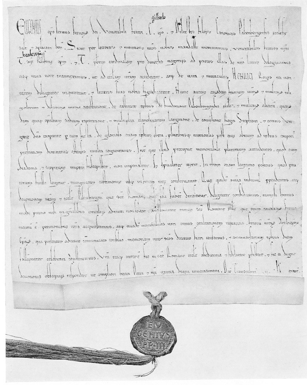 Schwarzes und weißes Foto eines Dokuments mit Wachssiegel und Faden, wahrscheinlich ein Vertrag mit sichtbarem Text.