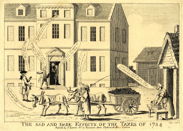 Eine handgezeichnete Skizze auf Papier, die ein Gebäude mit Fenstern, einen Karren mit Gegenständen und mehrere Menschen in der Nähe zeigt, mit der Beschriftung "die traurigen und dunklen Auswirkungen der Steuern von 1784" unten.