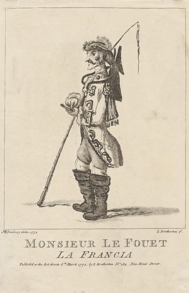 Eine Zeichnung eines strengen Mannes in einem dunklen Mantel und hohem Kragen, der einen Stock hält, mit dem Text "Monsieur le Fouet La Francia" darunter, vor einem tiefblauen sternenklaren Nachthimmel.