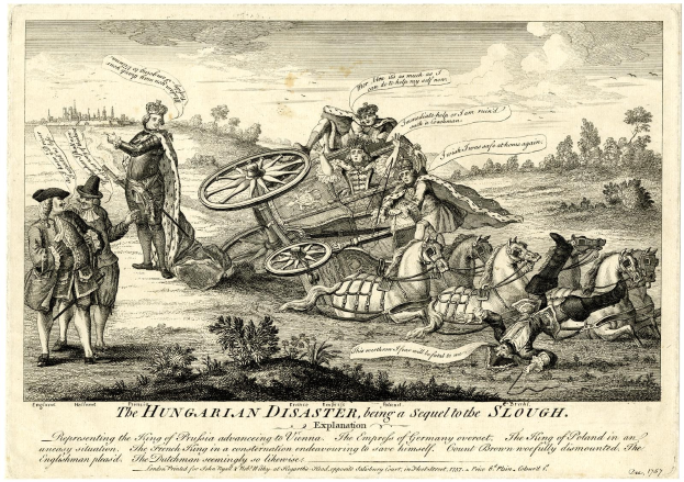 Plakat mit der Aufschrift "Die ungarische Katastrophe, ein Nachfolger des Sumpfes", das eine Gruppe von Menschen in der Nähe eines Pferdewagens zeigt, umgeben von Pflanzen und Bäumen unter einem bewölkten Himmel.