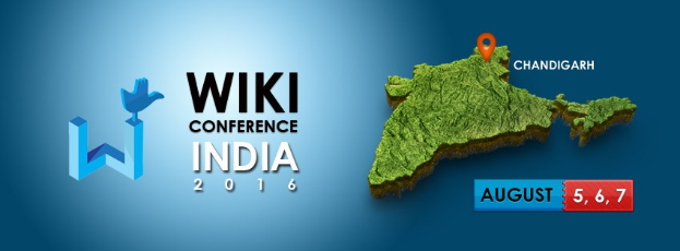 Eine Karte Indiens mit der fett geschriebenen Aufschrift 'Wiki Conference India 2016' über Chandigarh, die den Standort des Ereignisses hervorhebt.