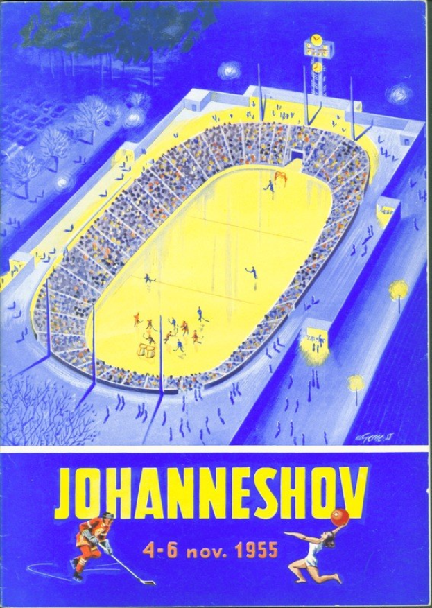 Plakat aus dem Jahr 1955, das ein Eishockeyspiel in Johannesburg, Südafrika ankündigt, zeigt ein volles Stadion mit Bäumen und Lichtern sowie Text und Zahlen.