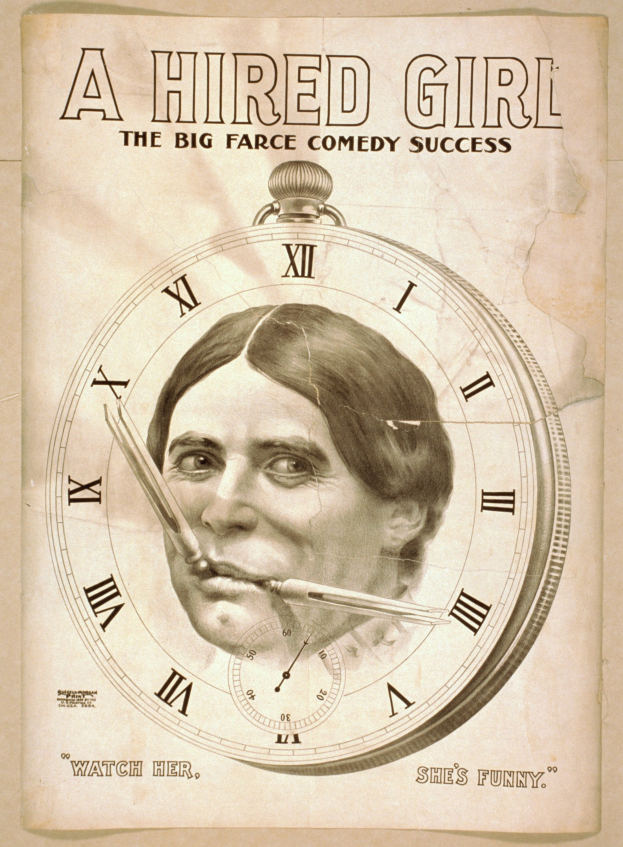 Ein Plakat mit einer entschlossenen Person im Hintergrund mit einer Uhr, oben mit dem Text "Eine angestellte Frau: Die große Farce-Comedy-Erfolg"