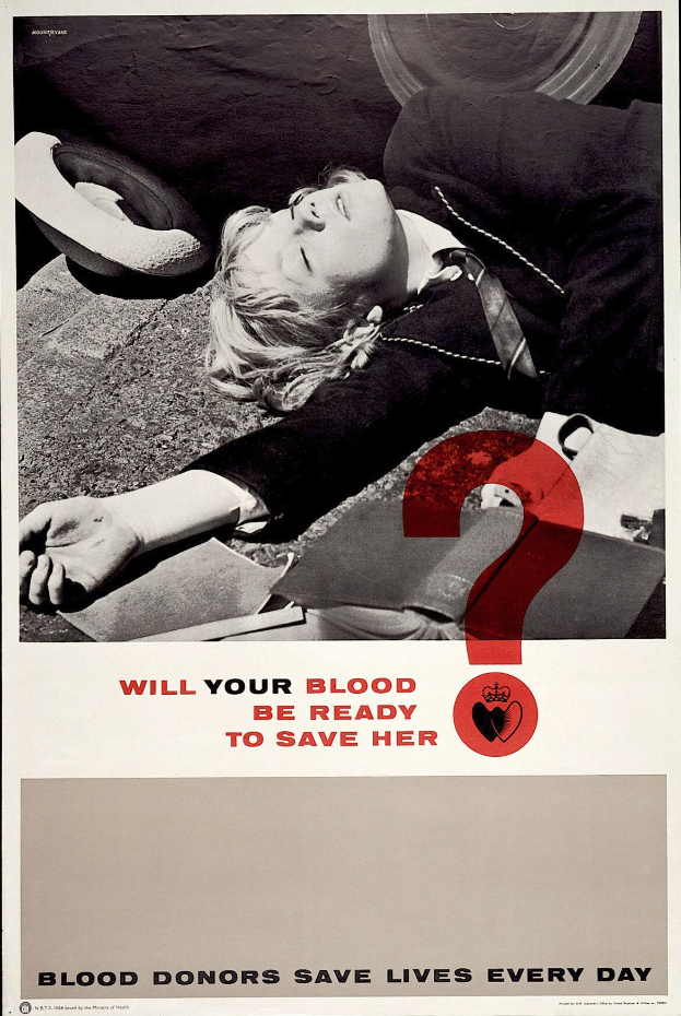 Ein Plakat mit einer Person auf dem Boden umgeben von Gegenständen, mit der Aufschrift "Wird dein Blut bereit sein, um sie zu retten?" zur Förderung der Blutspende.