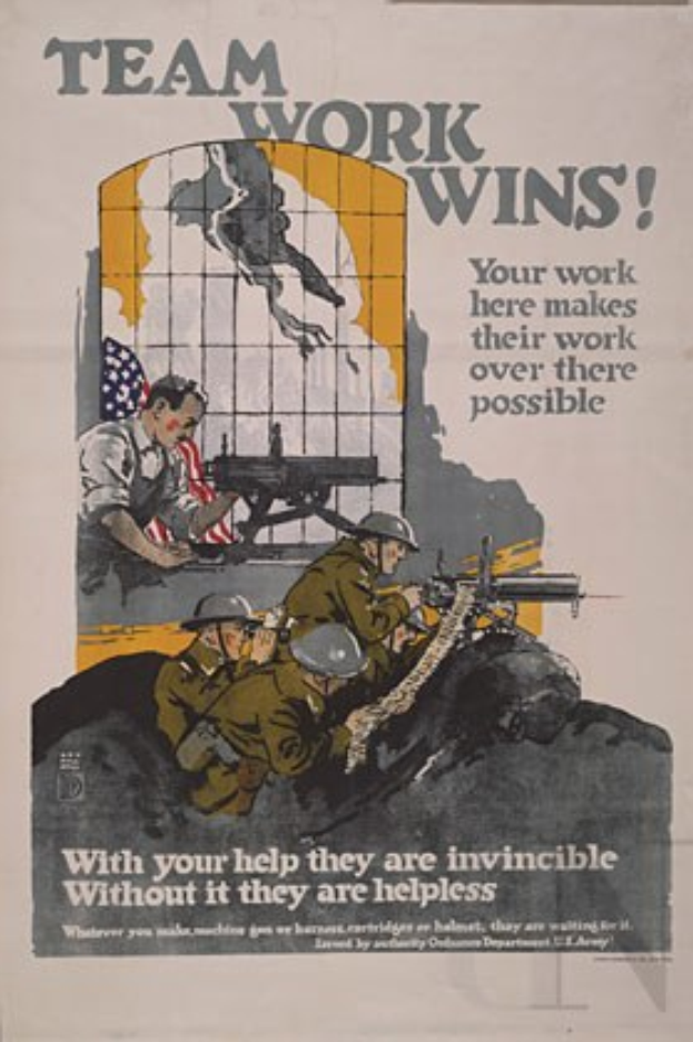 World War II poster titled "Team Work Wins" featuring people holding guns and an American flag in the background.