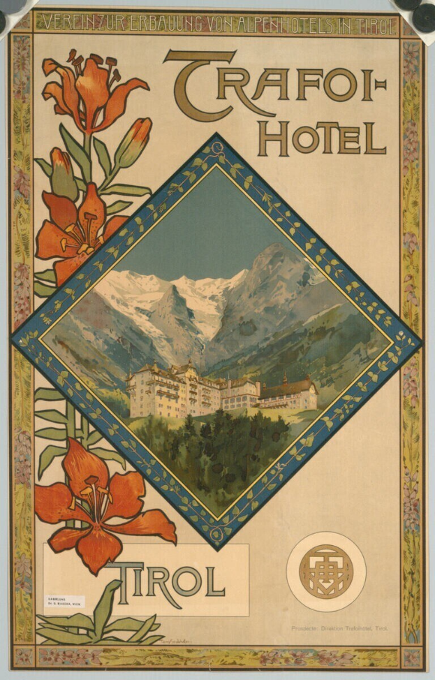 Plakat wirbt für ein Hotel in den Schweizer Alpen, das ein Gebäude, Berge und Blumen zeigt.