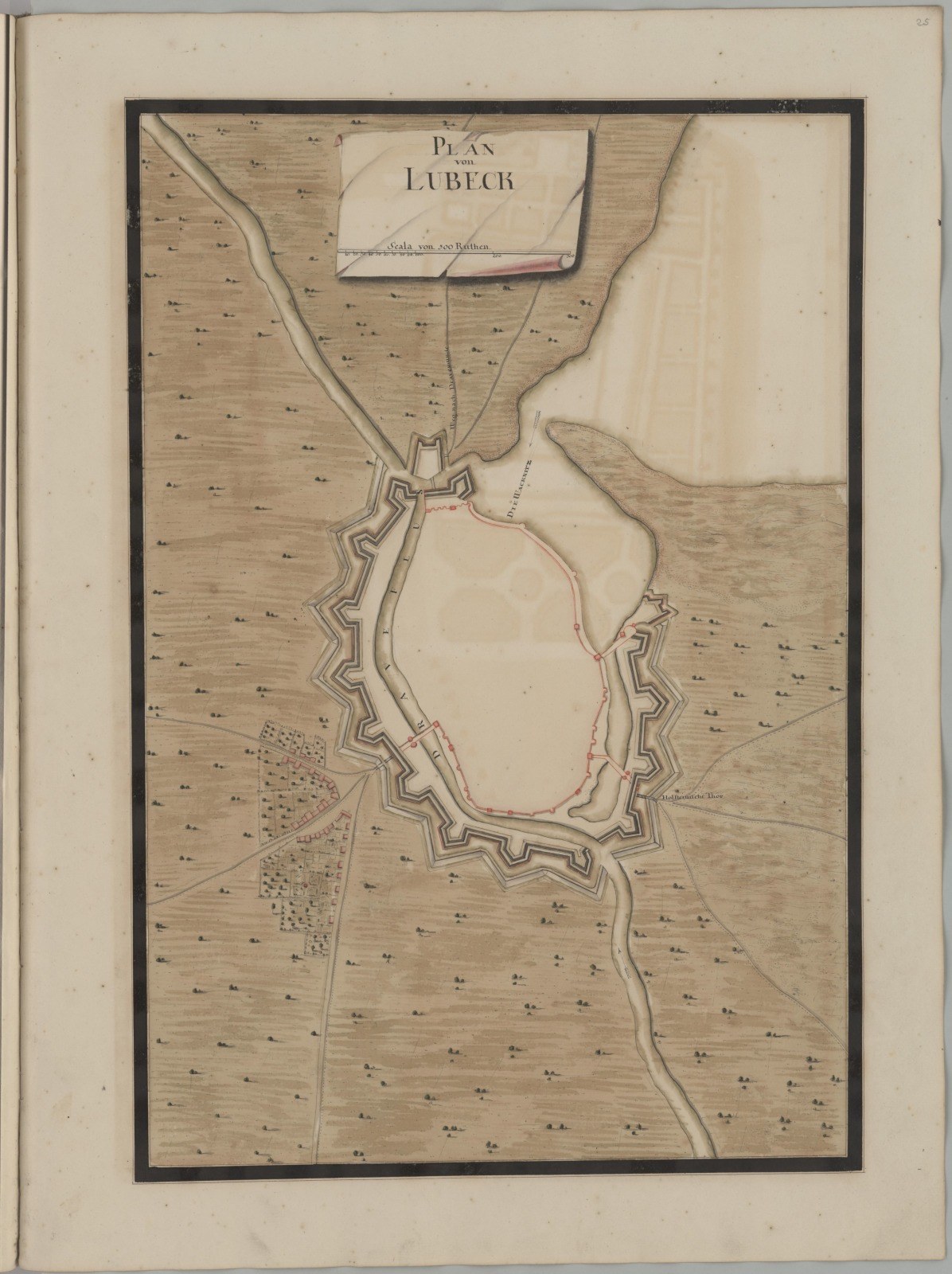 Eine detaillierte Karte der Stadt Lübeck auf dem Cover eines alten Buches, das Straßen, Gebäude und Sehenswürdigkeiten zeigt, begleitet von Texten über die Bevölkerung, Geschichte und Kultur der Stadt.