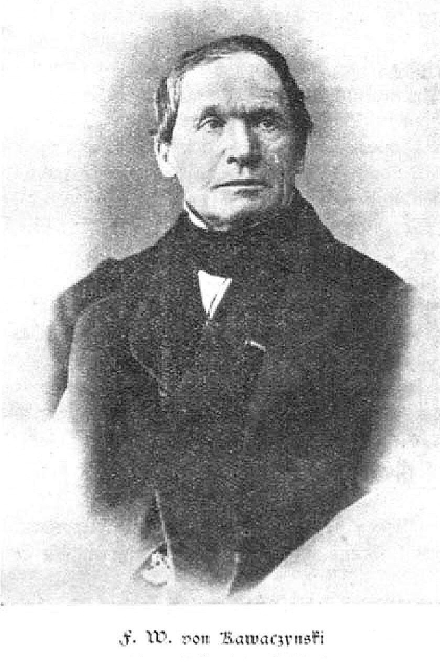 Schwarzes und weißes Porträt eines Mannes in einem Anzug, der angeblich F. W. von Kawaczynski ist, Gründer der jüdischen Gemeinde.