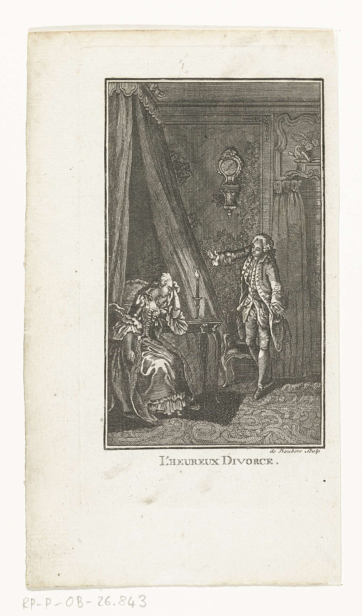 Engraving of a man standing and a woman sitting on a chair in a room with a curtain, text at the bottom reading "L'heureux divorce".