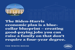 Plakat mit dem Weißen Haus und Text, der den Biden-Harris-Wirtschaftsplan als blue-collar-Blueprint für die Schaffung von gut bezahlten Arbeitsplätzen ohne vierjähriges Studium bewirbt