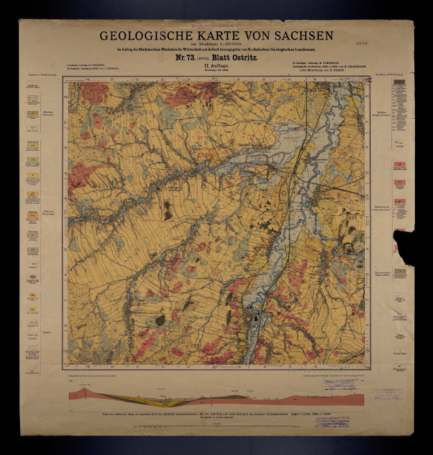 Topographic map of Sachsen, Germany, printed on paper with text, displayed against a black background, showing geological features.