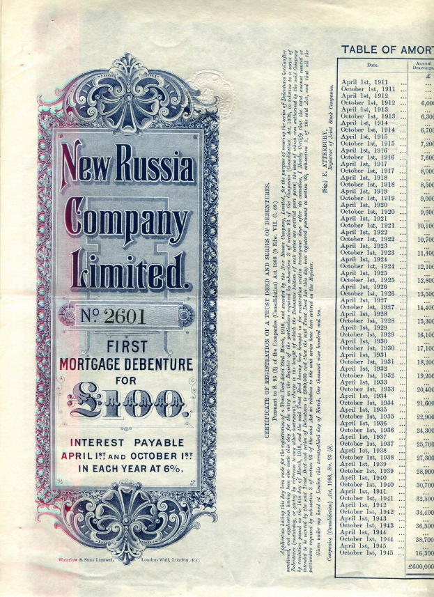 Old book with a New Russia Company Limited stock certificate featuring printed text, numbers, and a design, placed on its cover.
