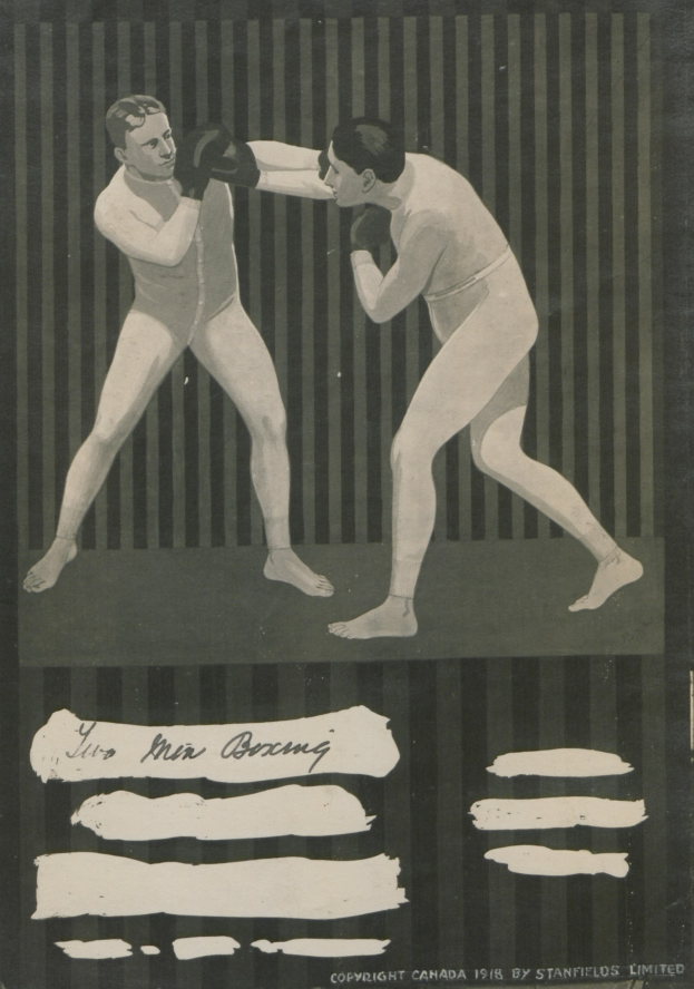 Zwei Männer in einem Boxring mit Handschuhen, die auf einer Papiertischdecke mit Text trainieren.