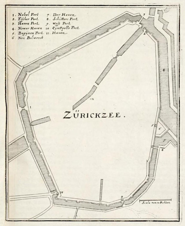 Detailierte Papierkarte von Zürich, Schweiz, mit Straßen, Gebäuden und Sehenswürdigkeiten mit handgeschriebener Schrift.