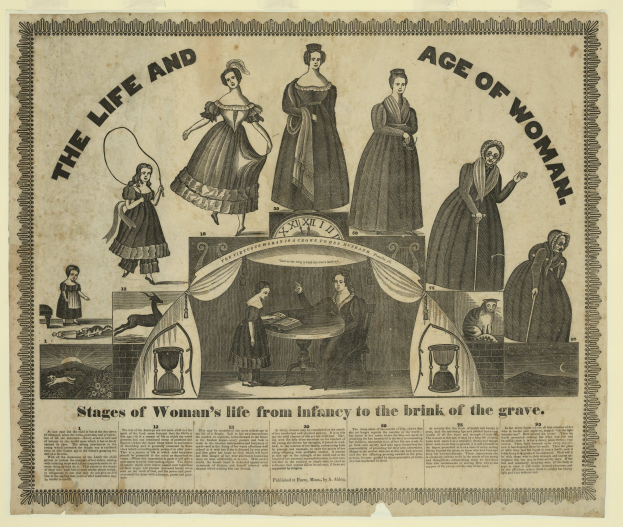 A colorful paper illustration depicting the stages of a woman's life from infancy to old age, with bold text and intricate details.