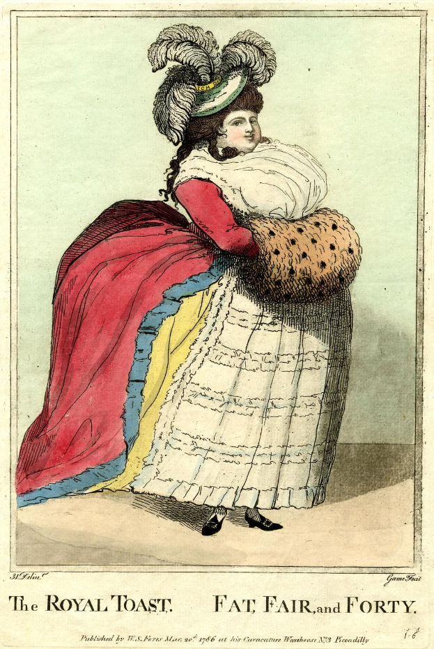 Eine Frau in einem leuchtenden, gemusterten Kleid mit einer Federhaube steht königlich mit verschränkten Händen, unter fettgedrucktem Text, der 'Die königliche Toast, Dick, Fair und Vierzig' lautet.