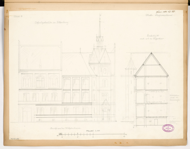 A hand-drawn sketch of a building with a clock tower labeled "Schulgebauhaus in Stellenburg" on paper with text and a stamp on the right side.