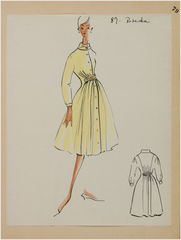 Eine 1950er-Jahre-Illustration einer Frau in einem gelben Kleid mit rundem Ausschnitt, langen Ärmeln und einem weiten Rock, kombiniert mit weißen Schuhen und einem ordentlichen Dutt.
