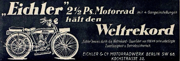 Advertisement poster for an Eichler 2½ PS Motorrad motorcycle with a black background, featuring an image of the bike and descriptive text.