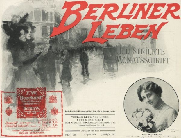 Advertisement poster for the Berliner Leben film showing a group of people standing in front of a building with text describing the film and its characters.