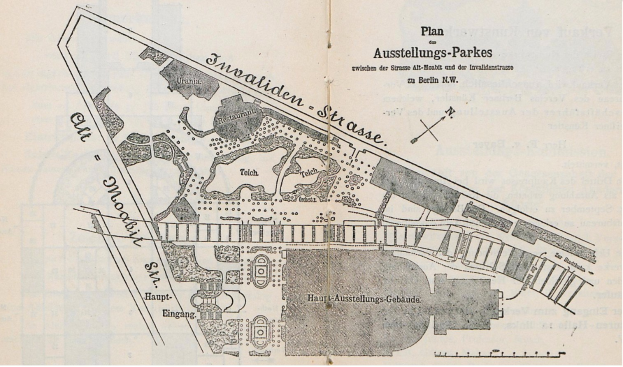 Alte Karte von Berlin, Deutschland, mit dem Ausstellungs-Park-Plan, auf Papier gedruckt mit zusätzlichem Text.
