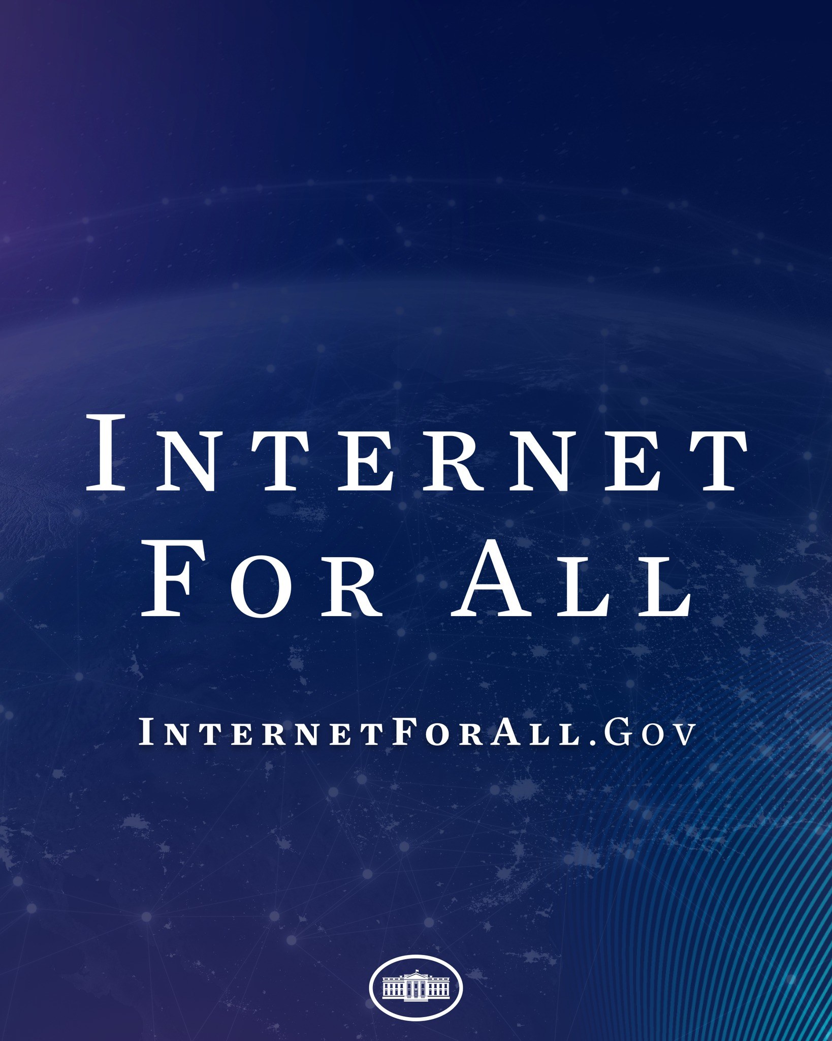 Plakat mit "Internet für alle" in fetter weißer Schrift auf einem blauen Hintergrund, das eine Weltkugel in der Mitte zeigt.