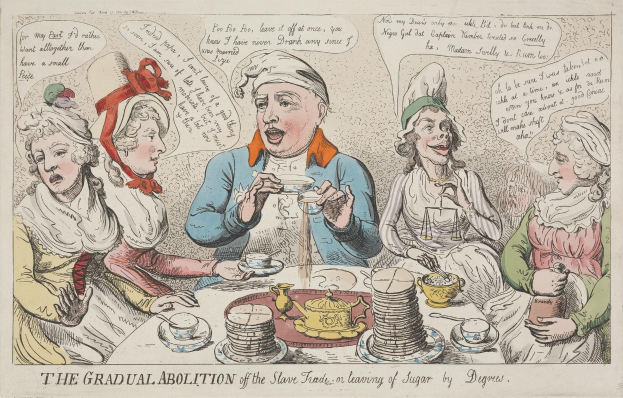 Eine handgezeichnete Skizze auf Papier, die Personen zeigt, die um einen Tisch mit Tassen, Untertassen und Tellern sitzen, begleitet von Text, der unten auf dem Papier "Die allmähliche Abschaffung des Sklavenhandels" lautet.