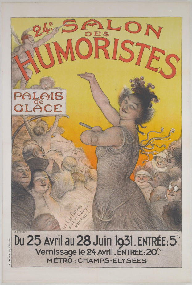 Plakat für den Salon des Humoristes in Paris mit einer Frau inmitten einer Menge und Veranstaltungstext.