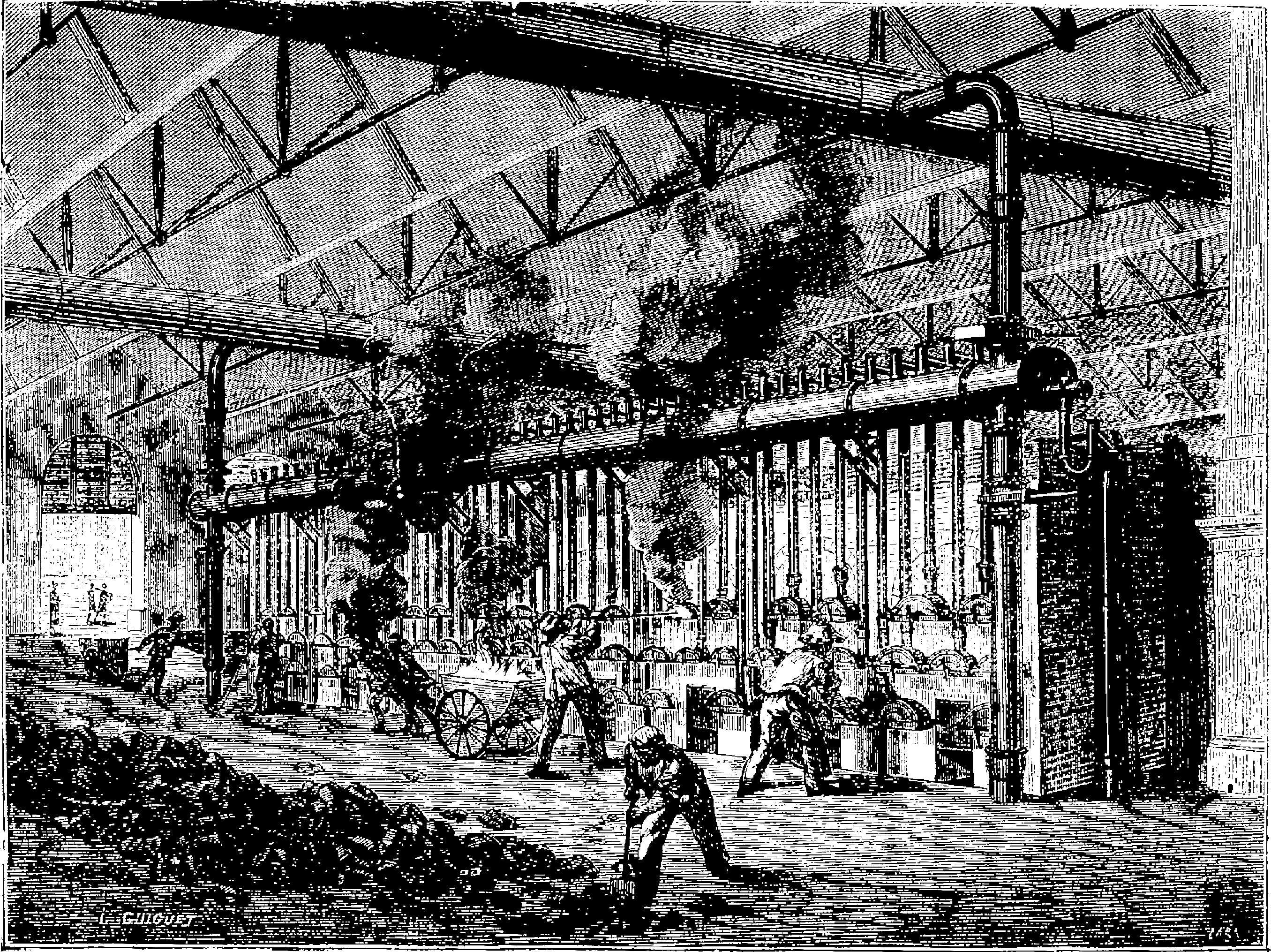 Schwarz-weiß-Zeichnung eines geschäftigen Stahlwerks aus den 1910er Jahren mit Arbeitern, Maschinen und Industrieausrüstung.