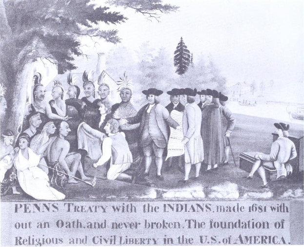Plakat, das eine Gruppe von Menschen zeigt, die sich im Freien versammelt haben, mit Bäumen und Himmel im Hintergrund, mit Text über den 1681 Penn's Treaty with the Indians unten.