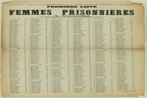 Altes Buch mit vergilbter, alter Papierliste von weiblichen Gefangenen, Namen in schwarzer Tinte in zwei Spalten geschrieben.