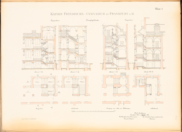 A detailed drawing of the Kaiser Friedrichs Gymnasium in Frankfurt, Germany, on the cover of an old book.