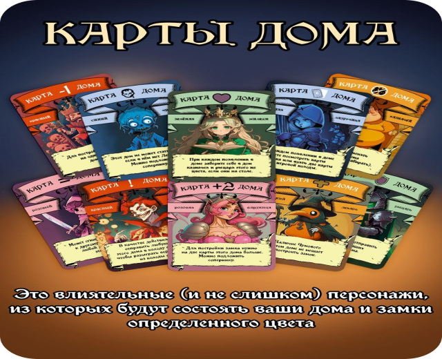 Ein Plakat mit der Aufschrift 'Magic the Gathering', das verschiedene cartoonartige Spielkarten mit einzigartigen Designs zeigt, darunter ein Schloss und einen hellblauen Himmel im Hintergrund.