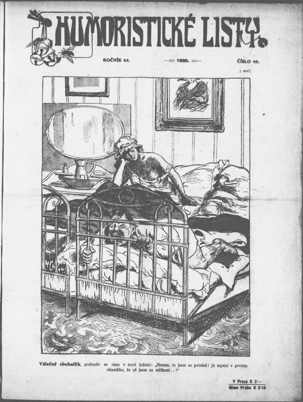 Schwarz-weiß-Zeichnung einer Person auf einem Bett mit einem Spiegel auf dem Nachttisch und einem gerahmten Bild an der Wand, begleitet von Text, der "humoristicke list - tschechoslowakei - 20. april 1920" oben und unten zeigt.