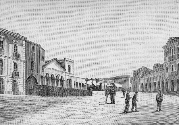 Schwarze und weiße Zeichnung von Menschen, die auf einer Stadtstraße mit Gebäuden, Bäumen und einem klaren Himmel spazieren, mit der Beschriftung 'Portugiesische Kolonialarchitektur im 19. Jahrhundert' unten.