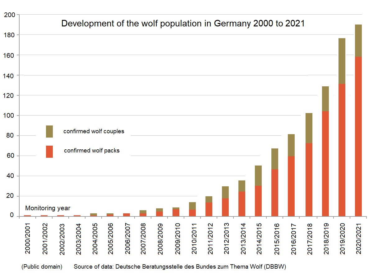 Liniengraph, der den Anstieg der Wolfspopulation in Deutschland von 2000 bis 2021 zeigt, mit begleitendem Erläuterungstext.