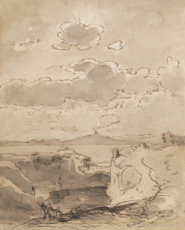 Eine Zeichnung einer Landschaft mit einem Gewässer, Hügeln und Wolken am Himmel, unterzeichnet mit 'Hans Holbein der Jüngere'.