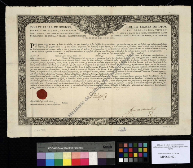 Alter spanischer Regierungsausweis mit schwarzem Hintergrund, rotem Siegel, Text, Logo und Farbmustern unten.