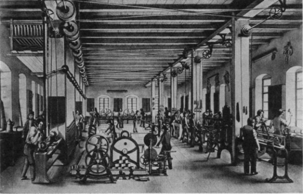 Black and white drawing of a factory interior with workers operating machines, structural pillars, windows, and a ceiling, titled "The history of the textile industry" at the bottom.