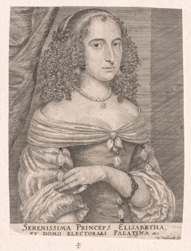 Black and white engraving of a woman with curly hair in a dress, titled "Serenissima Princes Elisabeth" at the bottom.