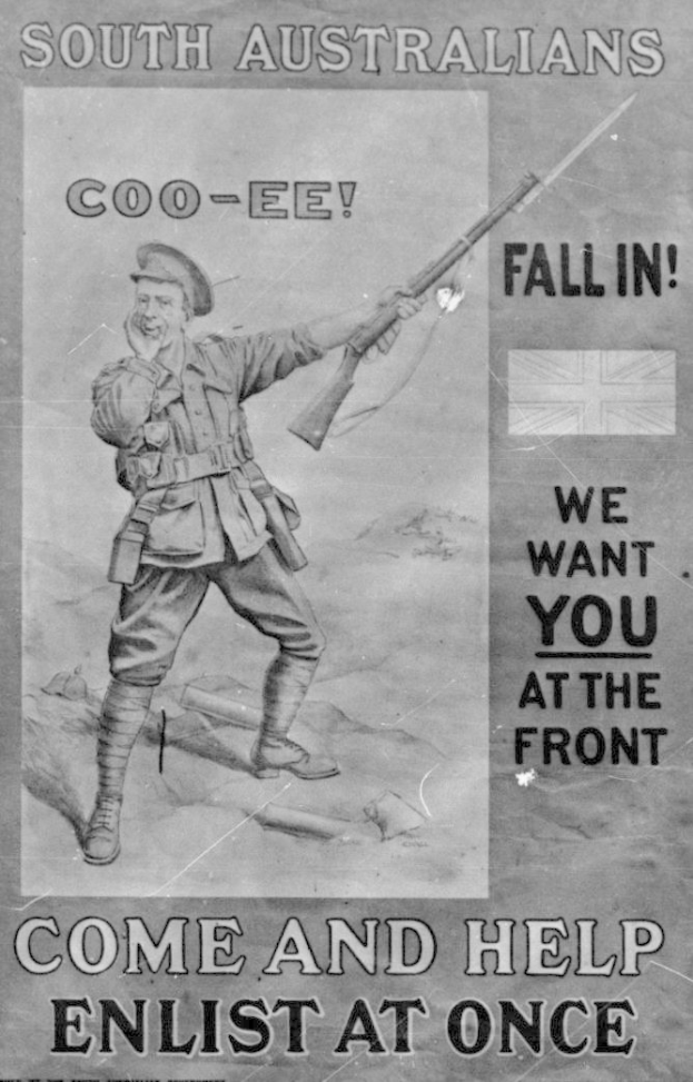 Plakat mit einem Mann in Militäruniform, der eine Waffe hält und den Text "Komm und hilf, melde dich sofort an" und einen entschlossenen Gesichtsausdruck hat.