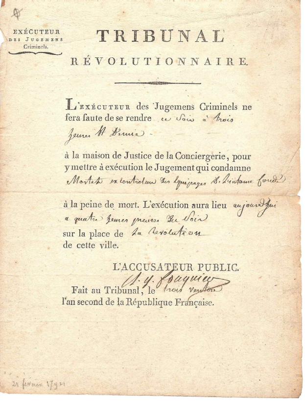 Old French legal document titled "Tribunal Révolutionnaire" detailing execution judgments, yellowed with age and written in cursive.