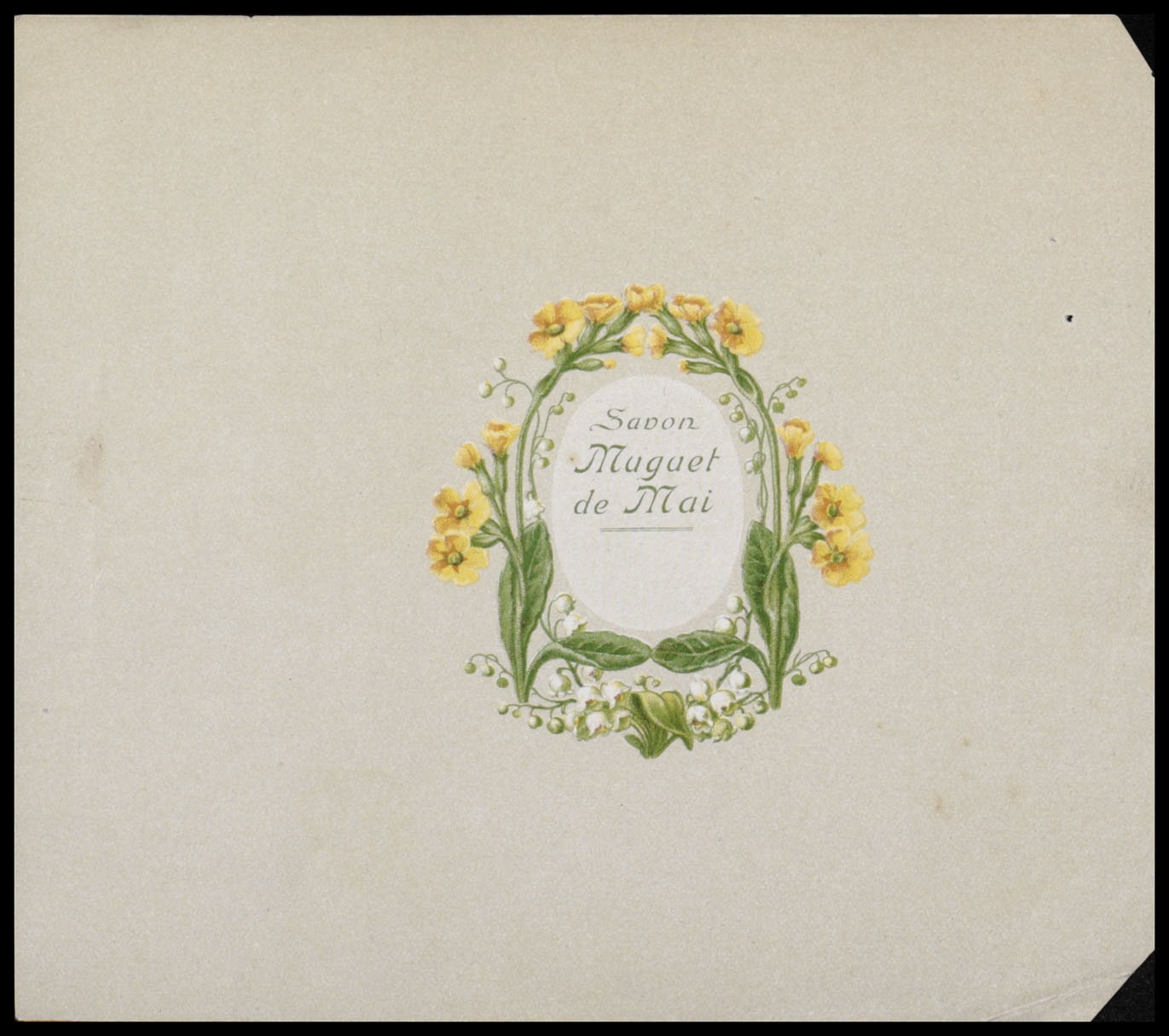 Eine Karte mit einem Kranz aus leuchtend gelben Blumen mit grünen Blättern und Stielen, umgeben von Text in einer Kursivschrift.