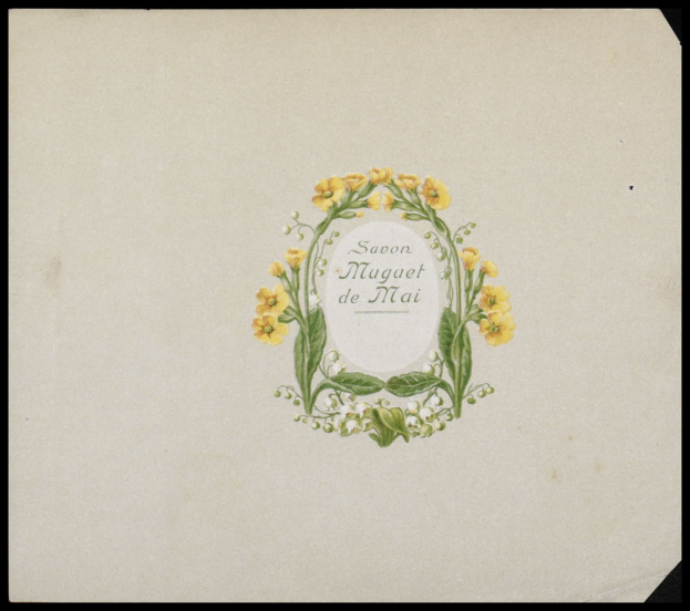 Eine Karte mit einem Kranz aus leuchtend gelben Blumen mit grünen Blättern und Stielen, umgeben von Text in einer Kursivschrift.