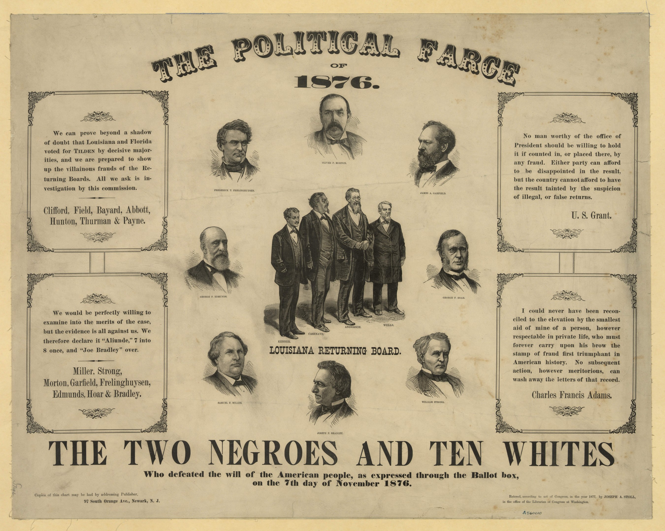 Eine Zeitung mit Bildern mehrerer Personen und dem Text "Das politische Schauspiel von 1876: Die beiden Neger und zehn Weiße".